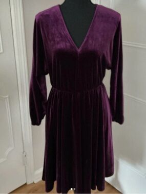 London Times Velvet V-Neck Long Sleeve Dress - Plum